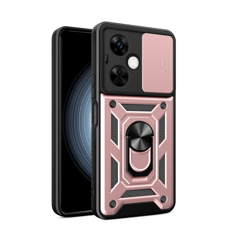 Rose gold rugged phone case with sliding camera cover and raised armor design