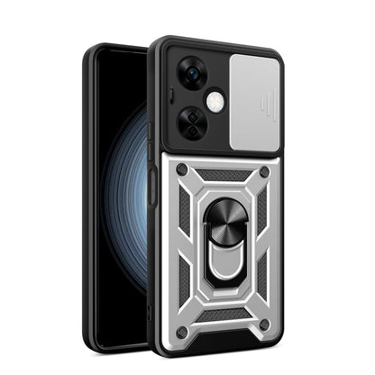 Silver rugged phone case with sliding camera cover and raised armor pattern