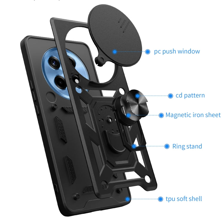 Black TPU+PC phone case with sliding circular camera cover and ring stand detail