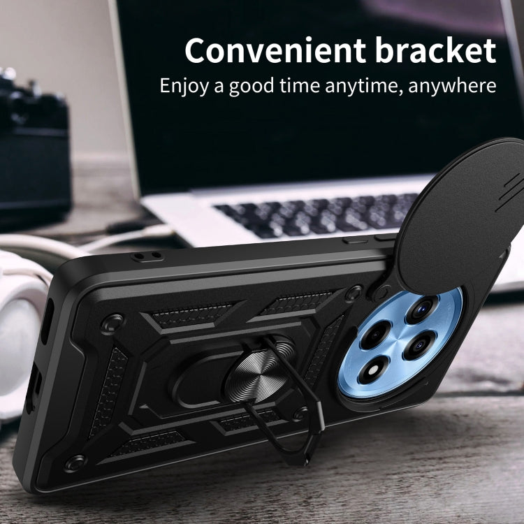 Black TPU+PC phone case with sliding camera cover and kickstand bracket for viewing