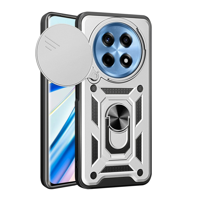 Silver sliding camera cover phone case with rugged armor-style back plate