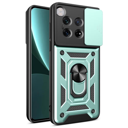 Mint green sliding camera cover phone case with rugged armor-style back plate