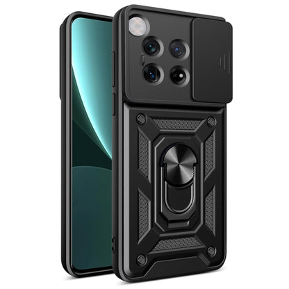 Black sliding camera cover phone case with rugged armor-style back plate