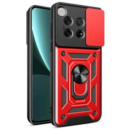 Red sliding camera cover phone case with rugged armor-style back plate