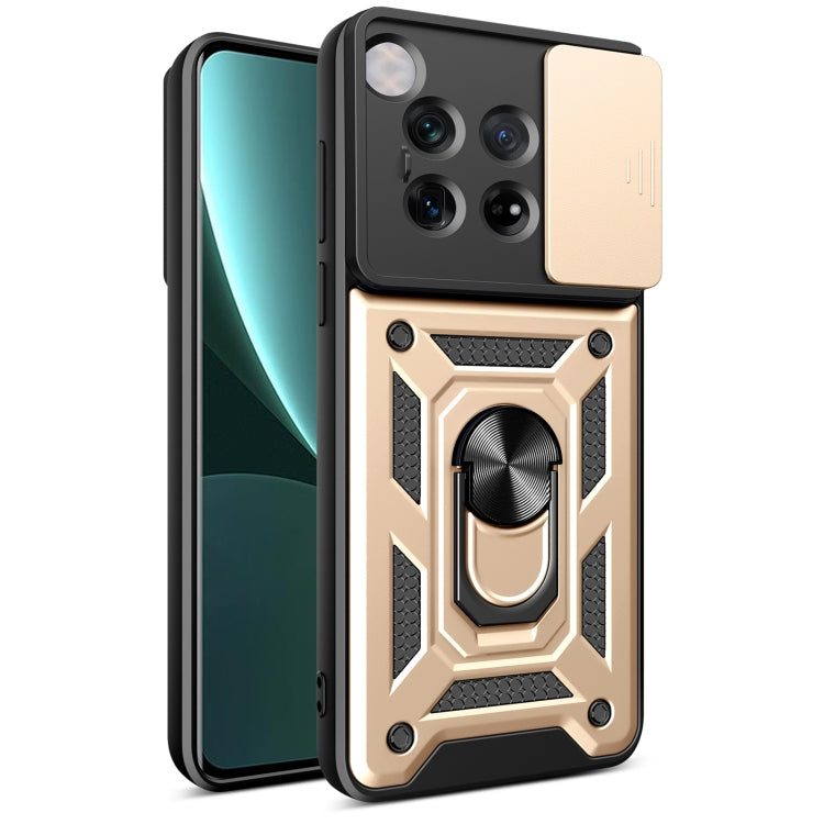 Gold sliding camera cover phone case with rugged armor-style back plate
