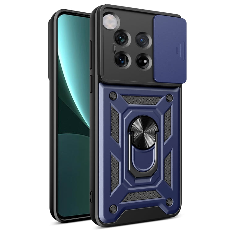 Dark blue sliding camera cover phone case with rugged armor-style back plate