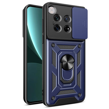 Dark blue sliding camera cover phone case with rugged armor-style back plate