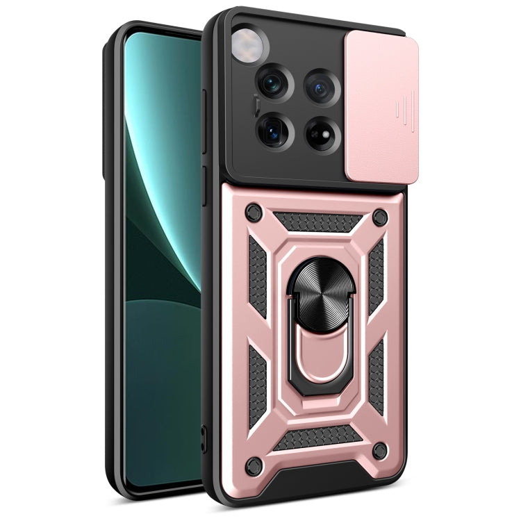 Light rose sliding camera cover phone case with rugged armor-style back plate