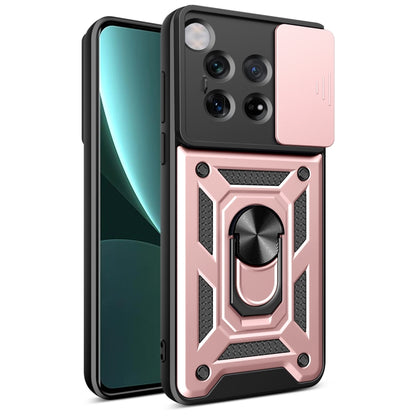Light rose sliding camera cover phone case with rugged armor-style back plate