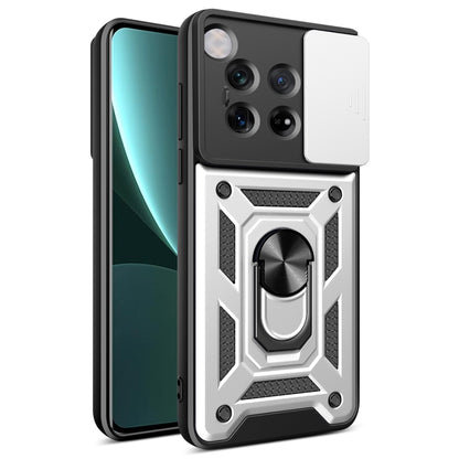 White sliding camera cover phone case with rugged armor-style back plate