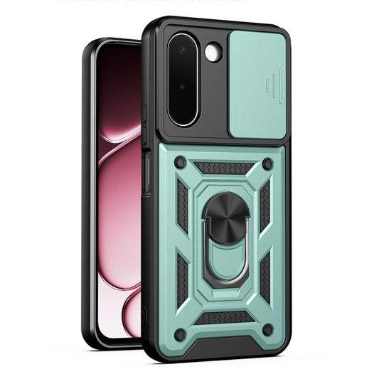 Mint green rugged phone case with sliding lens cover and ring stand, shockproof TPU+PC