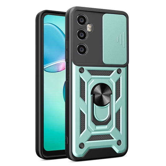 Mint green rugged sliding camera phone case with ring stand, textured armor back