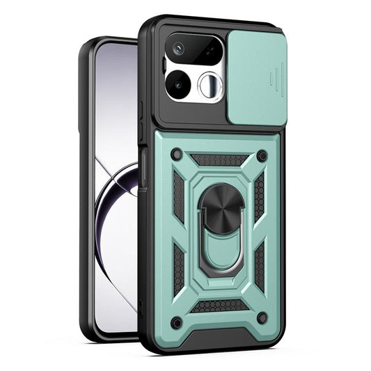 Rugged sliding camera cover phone case with ring stand, mint green and black
