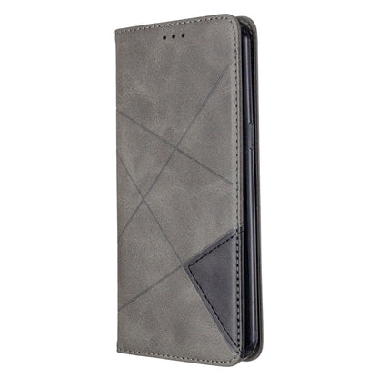 Grey rhombus-pattern flip leather phone case with magnetic closure and stitched card slot edge