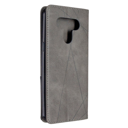 Grey flip phone case with rhombus texture and camera cutout, slim protective design