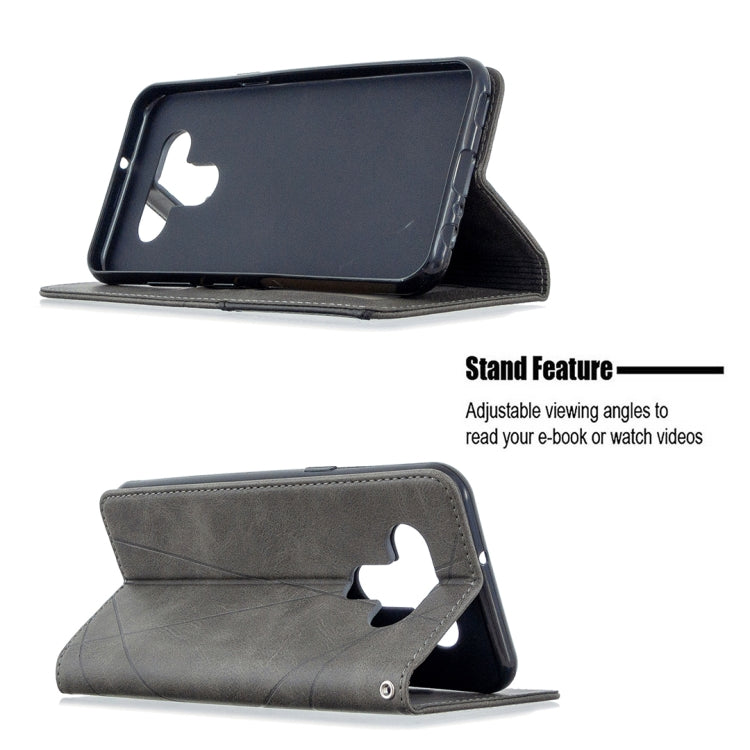 Grey rhombus-pattern flip phone case with kickstand viewing angle and camera cutout