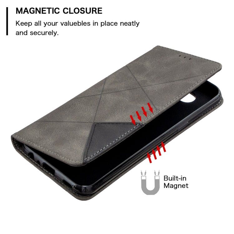 Grey magnetic closure flip leather phone case with rhombus pattern and built-in magnet