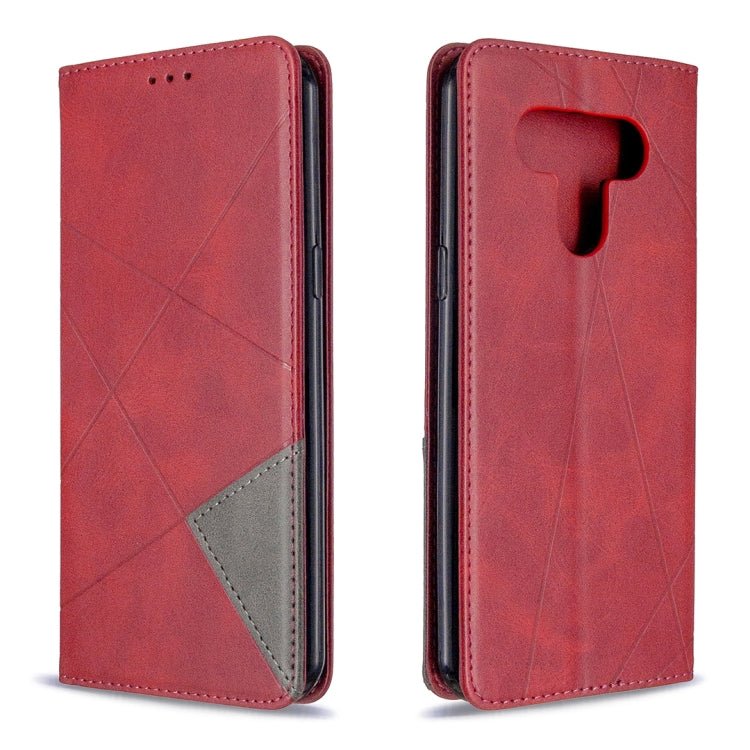 Magnetic leather flip case with rhombus texture, side cutouts, red