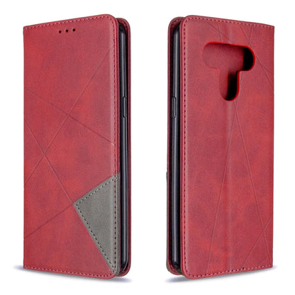 Magnetic leather flip case with rhombus texture, side cutouts, red