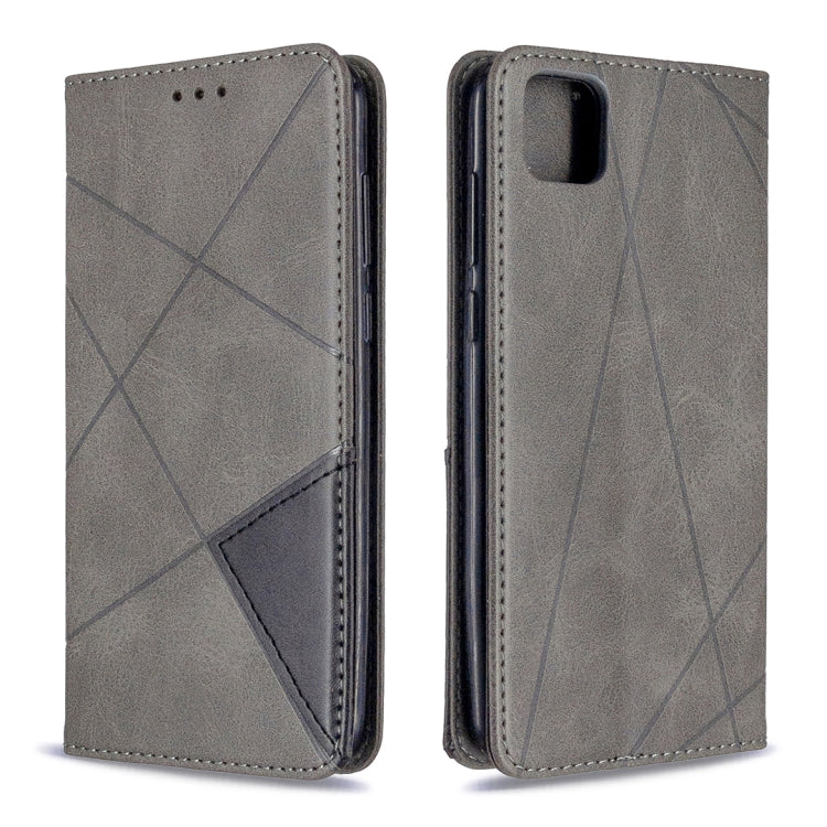 Grey rhombus-pattern flip phone case showing front and back with camera opening