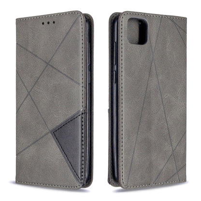 Grey rhombus-pattern flip phone case showing front and back with camera opening