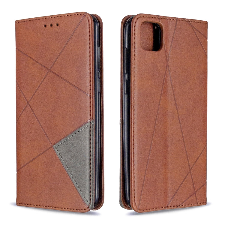 Magnetic leather flip case with rhombus texture, camera cover opening, brown