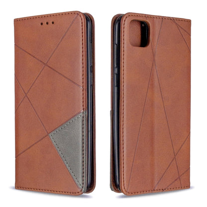 Magnetic leather flip case with rhombus texture, camera cover opening, brown