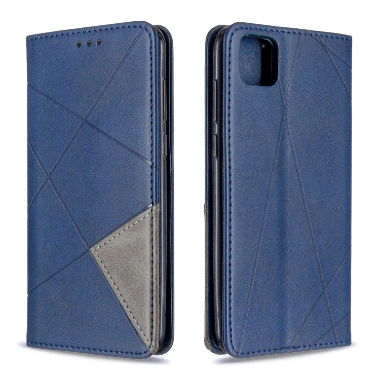 Blue leather wallet phone case with diamond pattern, side openings and card holder