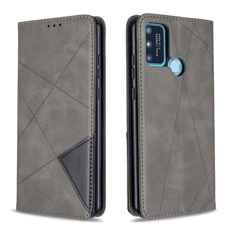 Grey flip phone case with rhombus texture and camera cutout, phone inserted