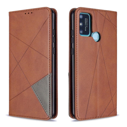 Magnetic leather flip case with rhombus texture, camera cutout, brown