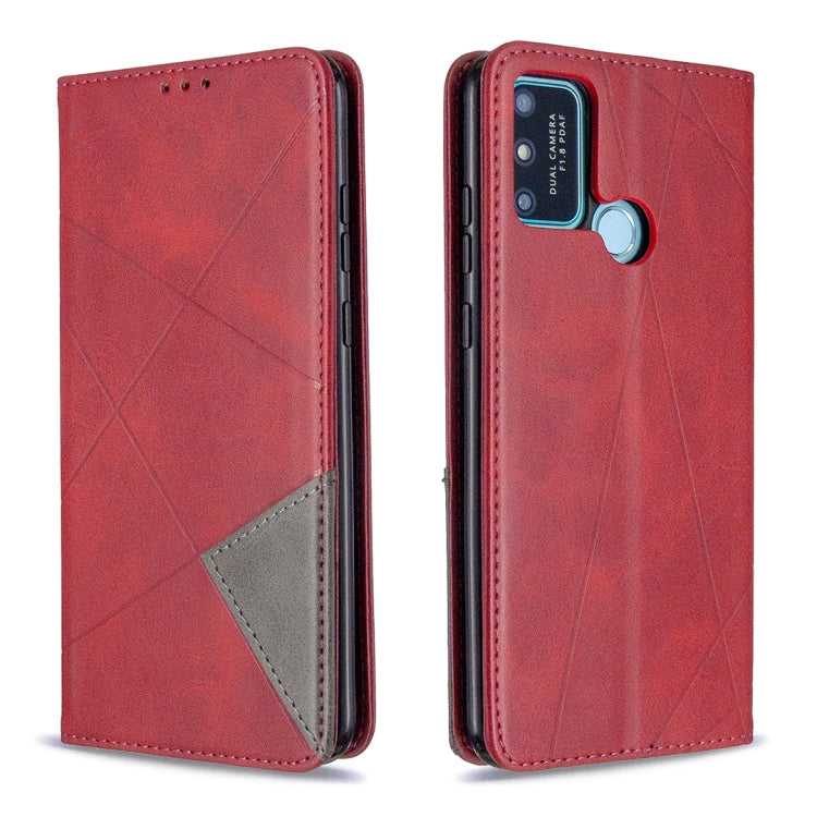 Magnetic leather flip case with rhombus texture, camera cutout, red
