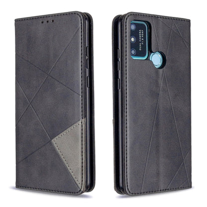 Grey leather wallet case with diamond texture, phone camera cutout and card holder