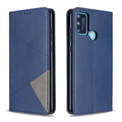 Blue leather wallet case with diamond texture, phone camera cutout and card holder