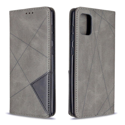 Grey rhombus-pattern flip phone case with magnetic closure, showing front flap and back