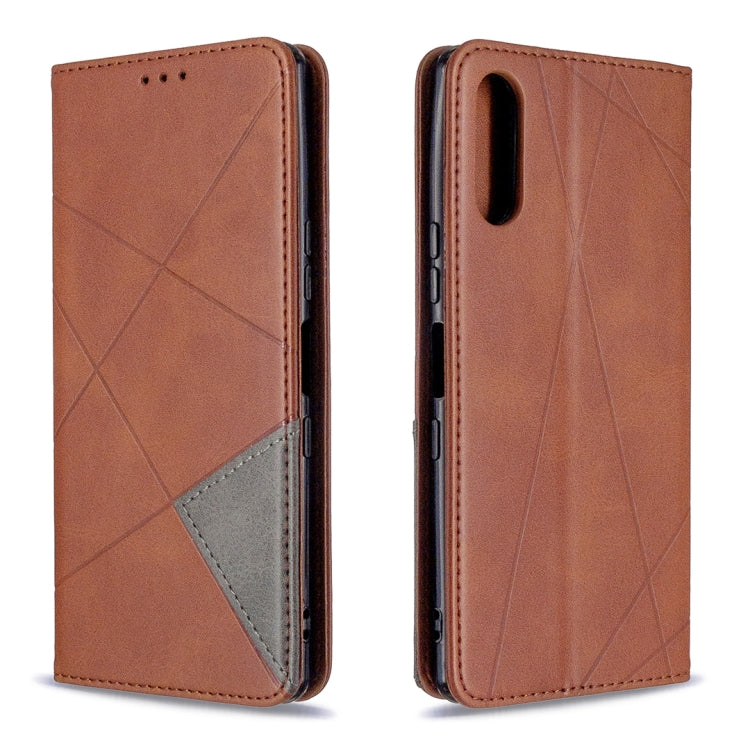 Magnetic leather flip case with rhombus texture, slim profile, brown