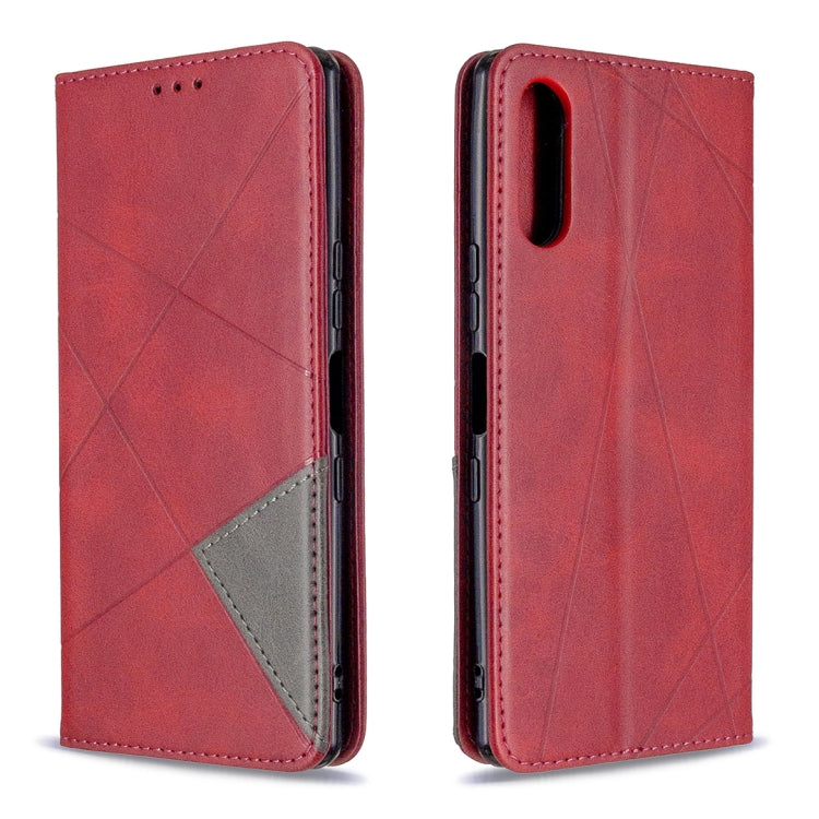 Magnetic leather flip case with rhombus texture, slim profile, red