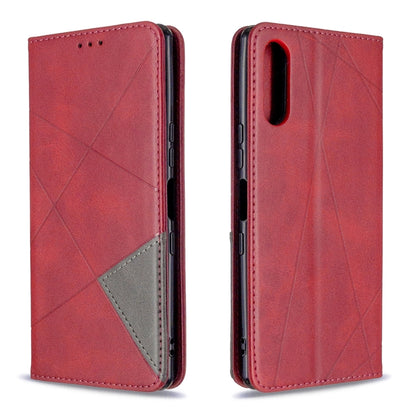 Magnetic leather flip case with rhombus texture, slim profile, red