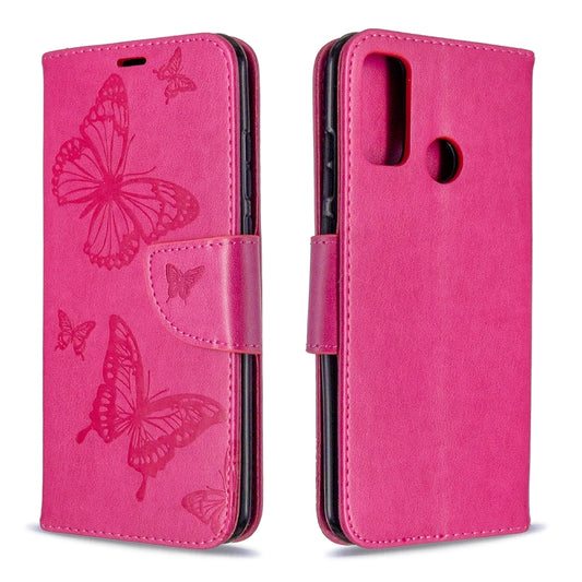 Pink leather-style phone wallet case with embossed butterflies, magnetic strap, card slot