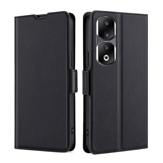 Black leather flip phone case with side buckle and camera cutouts