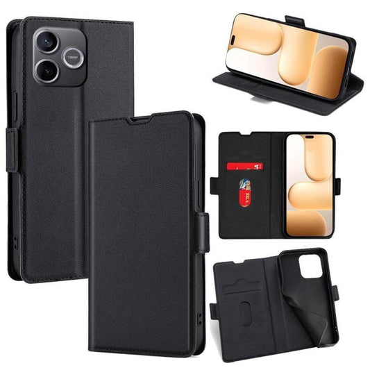 Black leather flip phone case with side buckle, card slots, and magnetic closure