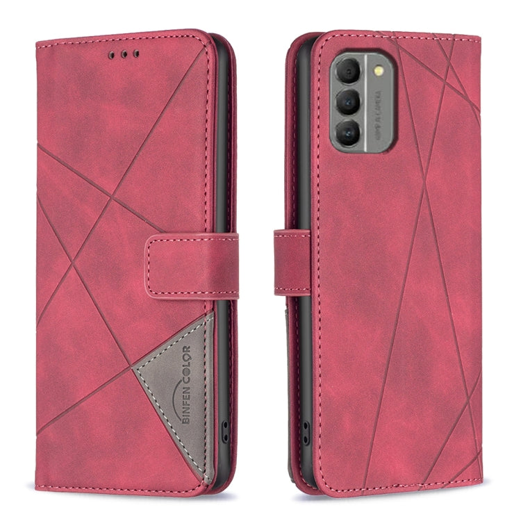Red phone case with magnetic buckle and geometric rhombus texture, card slot window