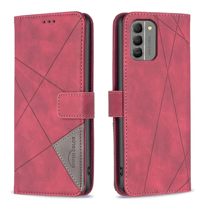 Red phone case with magnetic buckle and geometric rhombus texture, card slot window