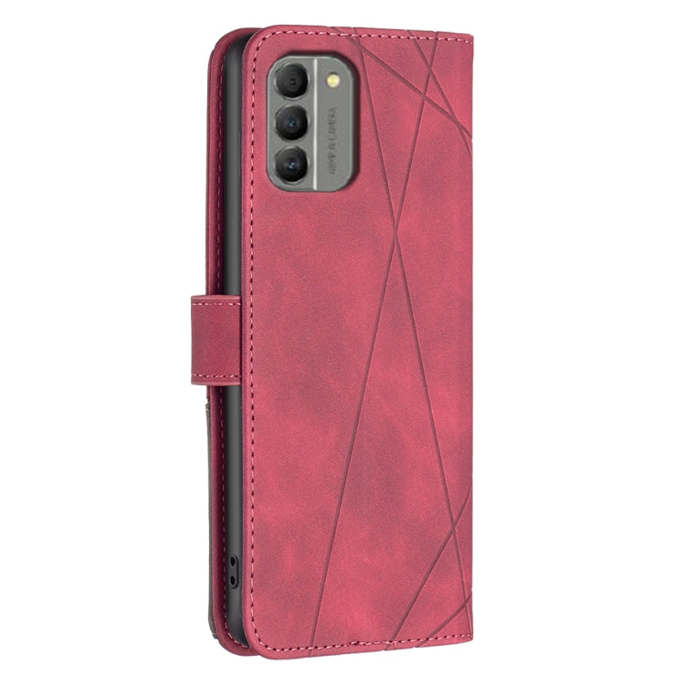 Red phone case with geometric rhombus design and magnetic strap, cutout for camera
