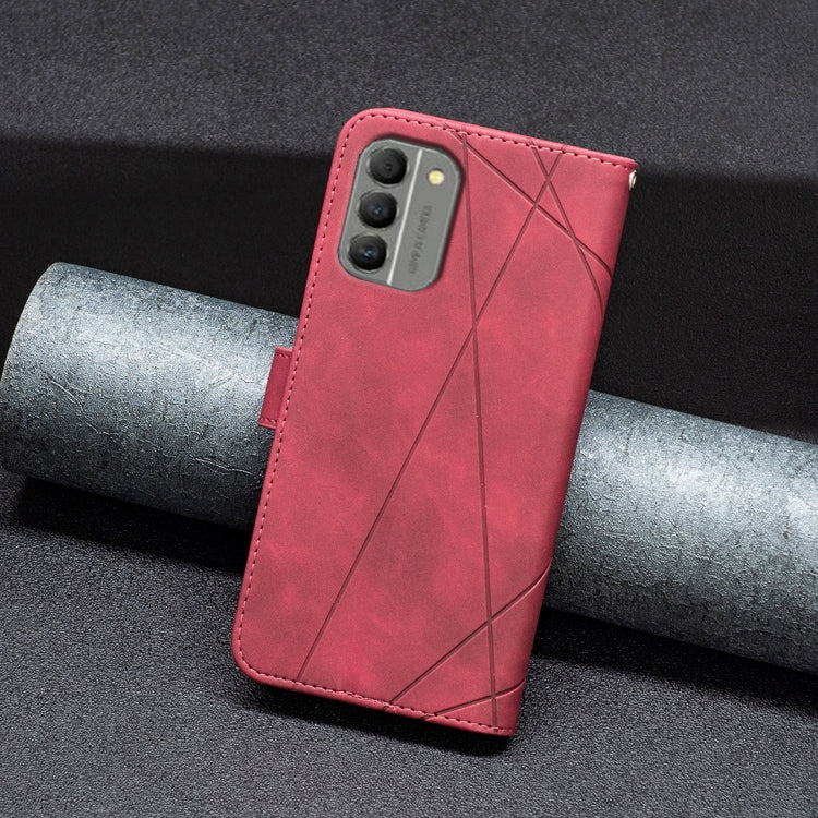 Red phone case with magnetic buckle and rhombus texture, camera cutout