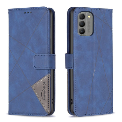 Blue phone case with magnetic buckle and geometric rhombus texture, card slot