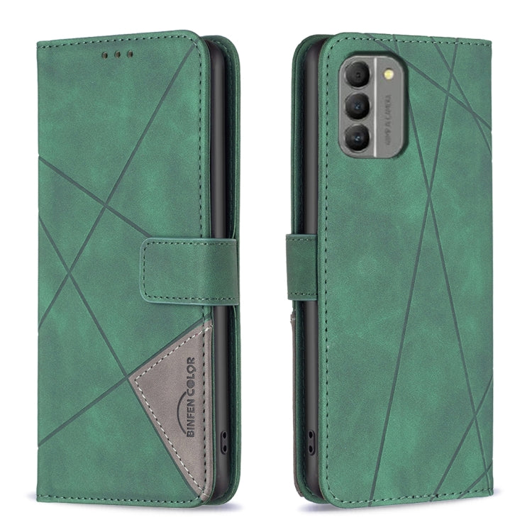 Green phone case with magnetic buckle and geometric rhombus texture, card slot