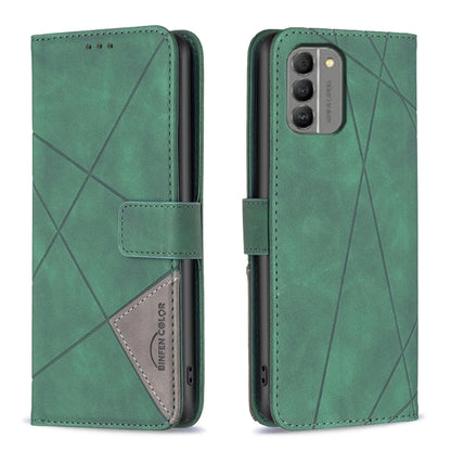 Green phone case with magnetic buckle and geometric rhombus texture, card slot