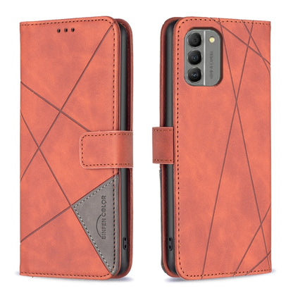 Orange phone case with magnetic buckle and geometric rhombus texture, card slot