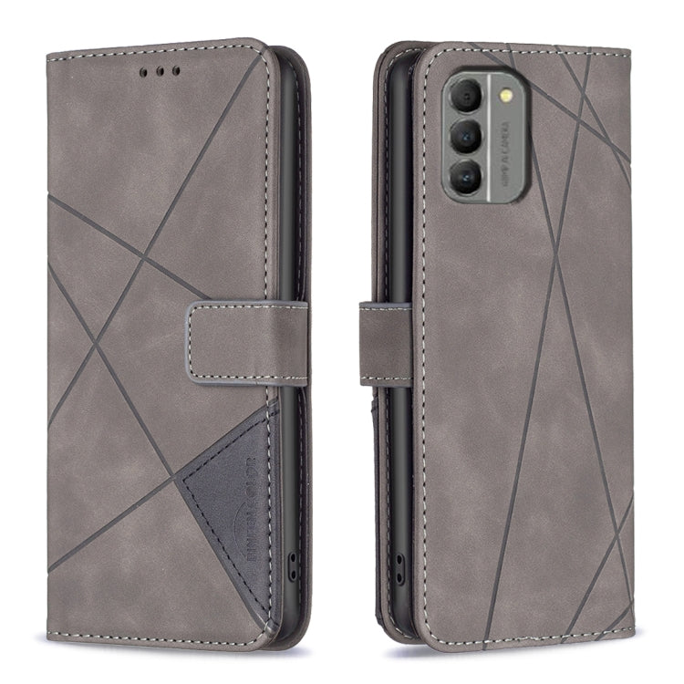 Grey phone case with magnetic buckle and geometric rhombus texture, card slot