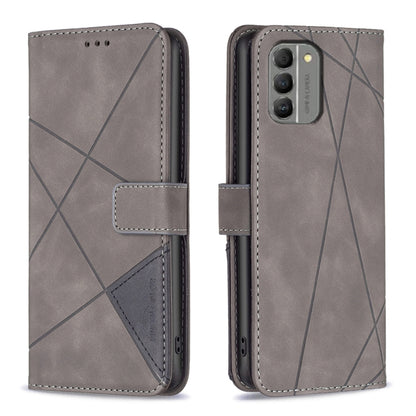 Grey phone case with magnetic buckle and geometric rhombus texture, card slot